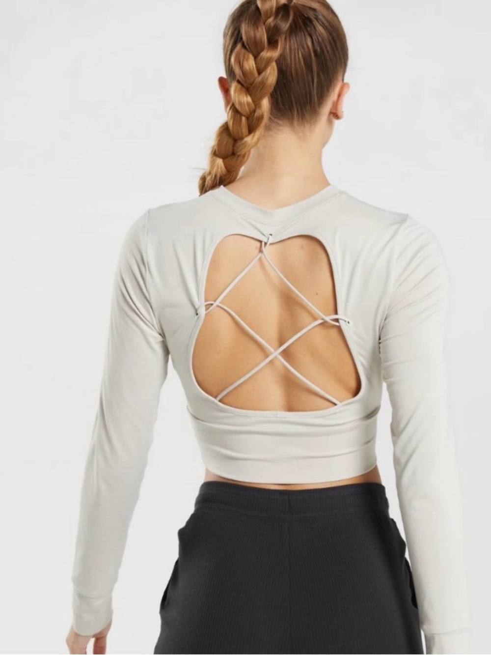 Gymshark Pause Open Back Long Sleeve Crop Top Beige Small Cutout Back